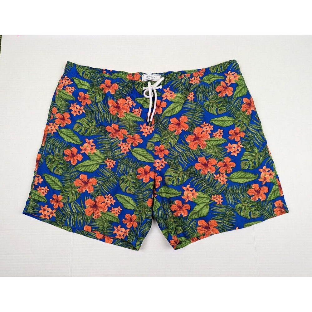 Crown & Ivy Mens XL Swim Trunks Blue Green Orange Hawaiian Floral Mesh Lined EUC